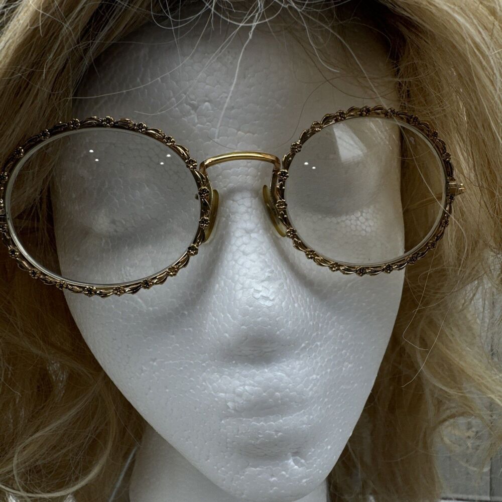 Vintage Iconic Shuron 60’s Eyeglasses 5 1/4 Frames USA Gold Floral Round MCM
